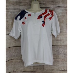VINTAGE Womens Size XL Quarter Zip Shoulder Pads Shirt Patriotic USA White